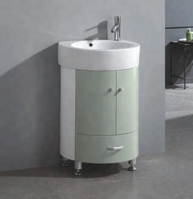Armário de base redonda com espelho e lavatório em PVC para banheiro moderno pequeno montado no chão