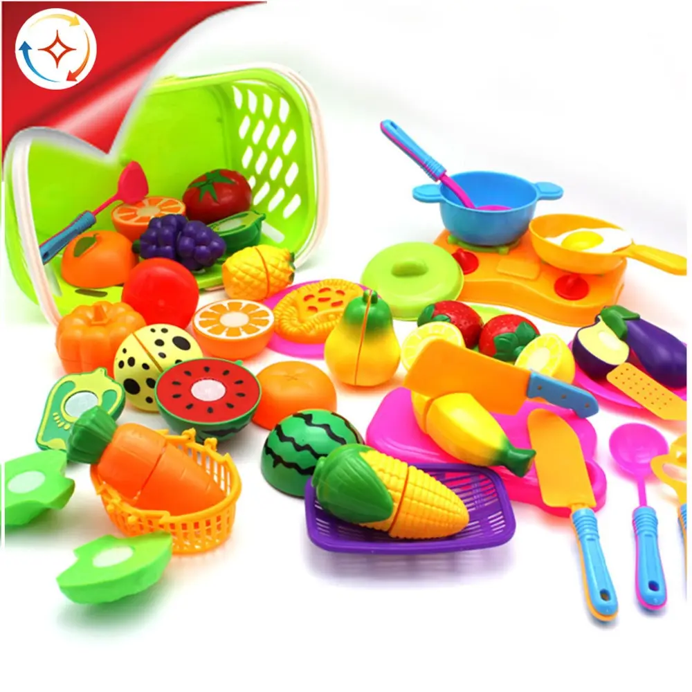 Kids Educational Toys 38pcs Plastic Cutting Fruit And Vegetables Kitchen Set With Basket And Tool