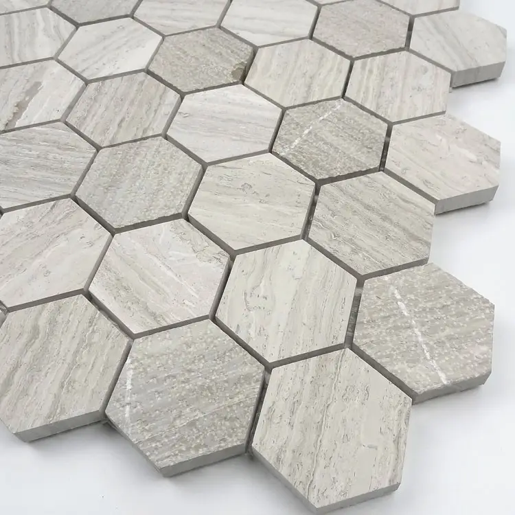 Rusty style wooden grey hexagonal marble mosaic tile stone marble wall floor tile price per square meter