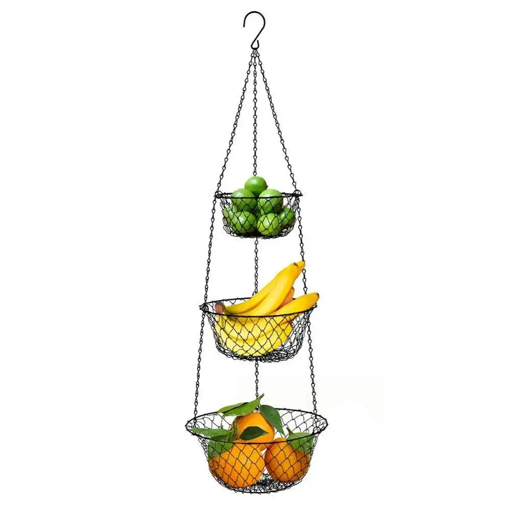 Heavy Duty Cucina verdure di visualizzazione di Stoccaggio cremagliera Rotonda Filo di ferro Nero 3 tier appeso cesto di frutta