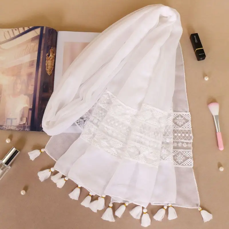 Hot sale multi style embroidery hollowed women cotton lace edges scarf hijab muslim hijabs scarves religious pashmina shawl