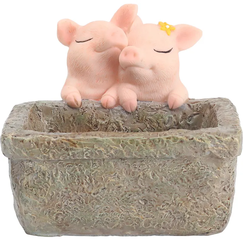 Roogo resin cute pig cartoon desktop flower pot
