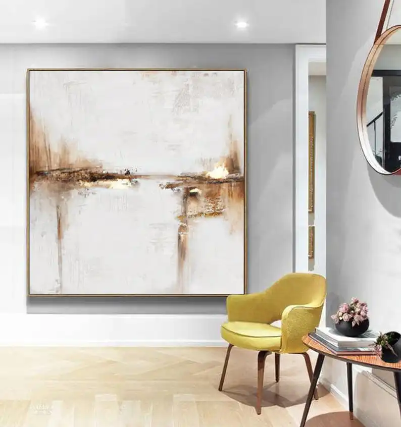 Moderne Omlijst Handgemaakte Vierkante Gouden Abstracte Kunst Canvas Schilderij voor Decoratie