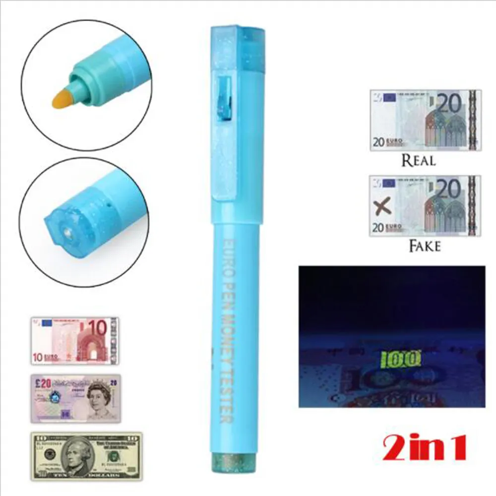 2 em 1 Caneta Detector de Dinheiro Banknote Tester Pen Detector Moeda UV Blacklight