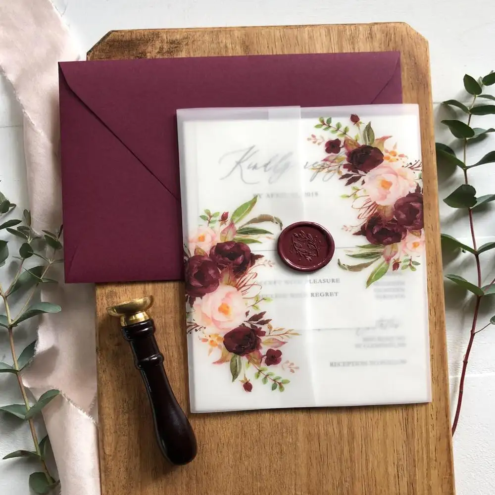 Tarjetas de cumpleaños con impresión a todo color RSVP Floral Tarjeta de invitación de flores de boda lujosa con sellos de cera