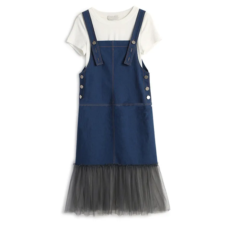 Now model summer patchwork one piece dress designs teenage girls midi denim jean overalls with gauze