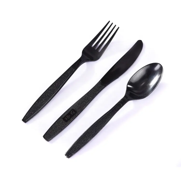 Di alta Qualità Cinese di Plastica Usa E Getta PP Posate Nero Set di Fantasia di Plastica Dura 3 Piece Set di Posate Manico Lungo Posate Set