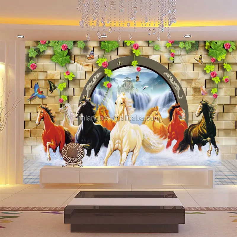 3D chino moderno ocho caballos paisaje mural papel tapiz TV telón de mural