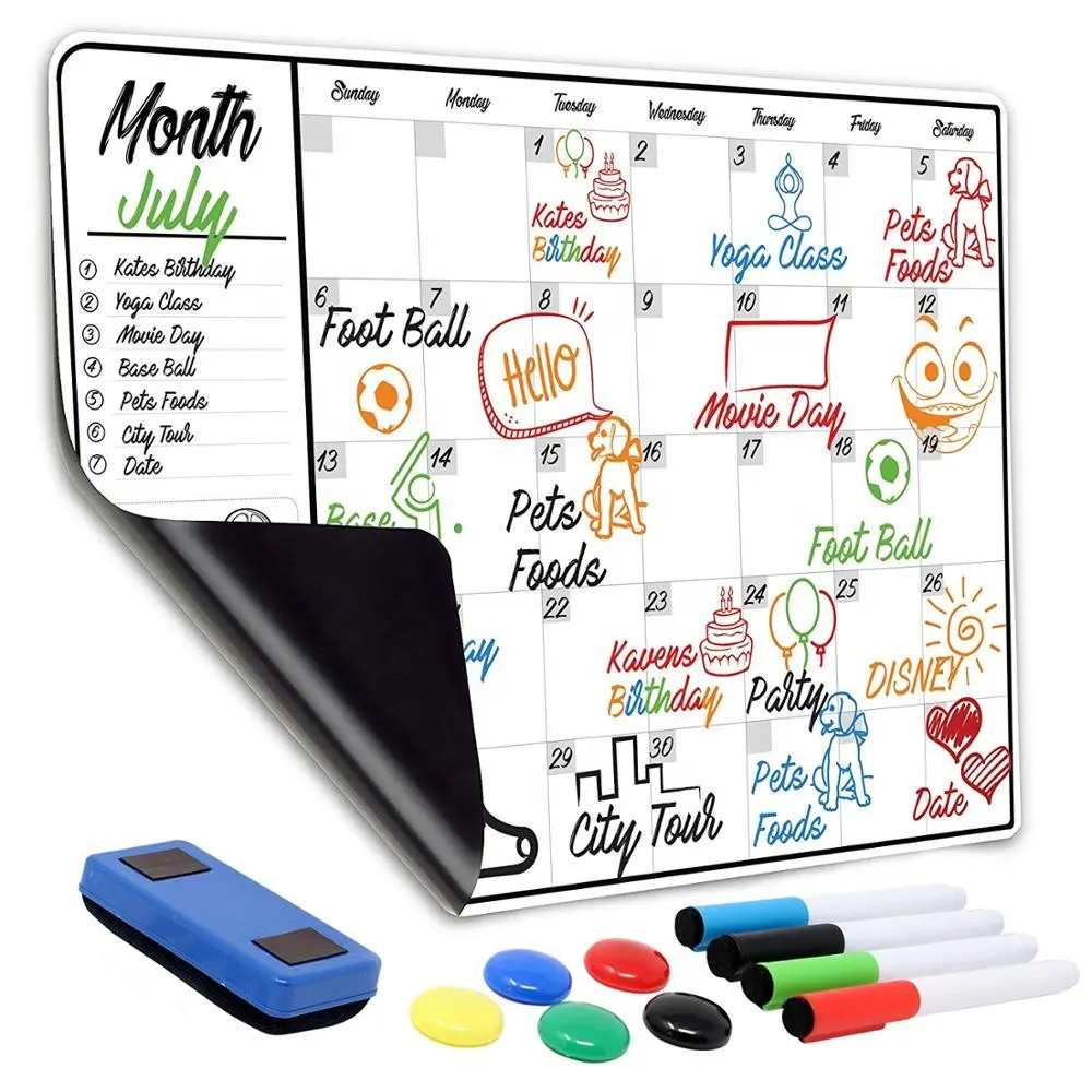 Custom available magnetic white dry erase writing board with 4 high quality markers 1 dry eraser and 5 magnets