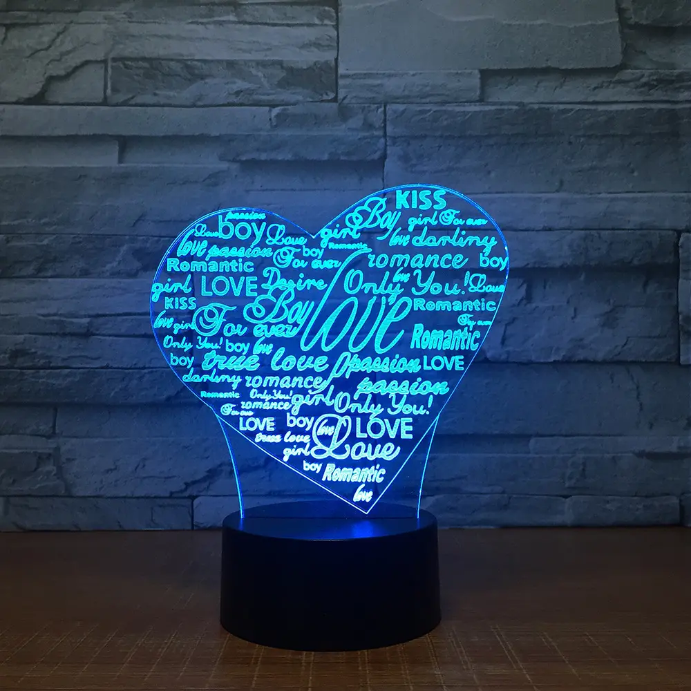 심장 편지 모양 아크릴 LED 3D 램프 Usb 7 색 야간 조명 잠자는 조명 로맨틱 분위기 램프 홈 장식
