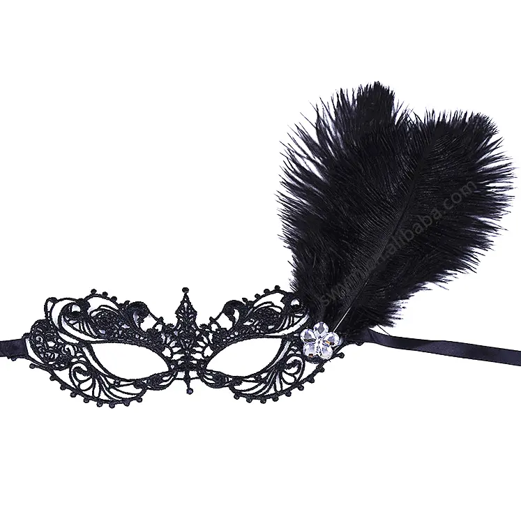 Venice Masquerade Female Lace Feather Mask Sexy Black Lace Party Eye MaskとFeather