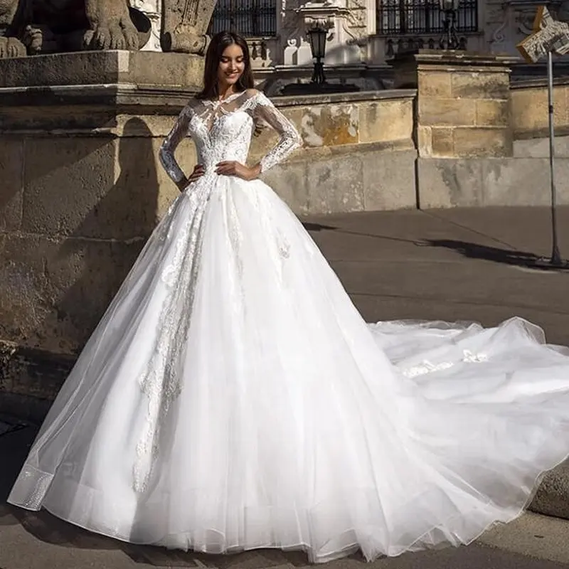 Vestido de noiva de manga longa árabe, vestido de casamento dubai