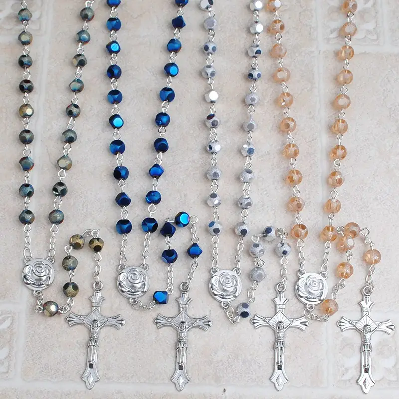 Gioielli da donna moda religiosa 6mm nuova forma di cristallo perline rosario cattolico collane con centrotavola rosa e pendente crocifisso