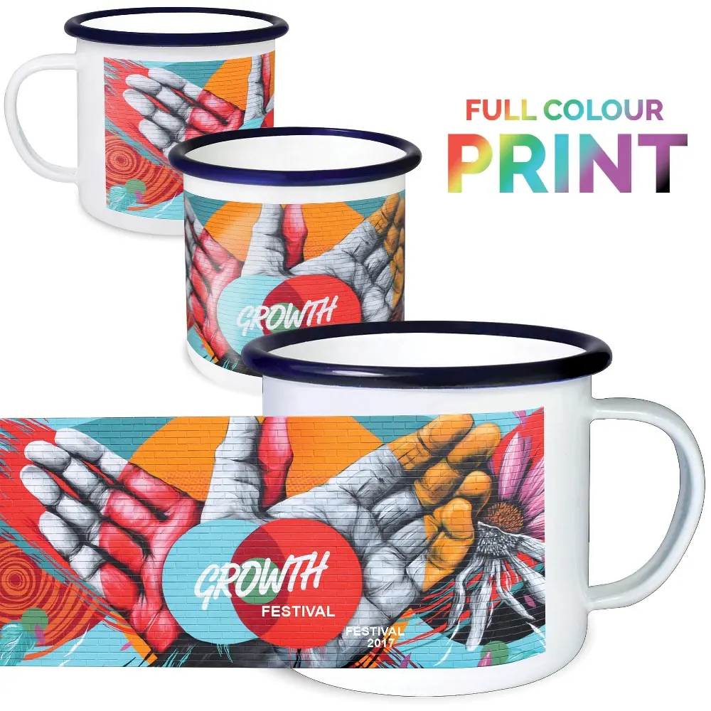 CHL-taza de café y té para acampar, placa de hierro de sublimación con logotipo personalizado, metal esmaltado de estaño, color blanco, rojo, amarillo y azul, venta al por mayor, 12oz