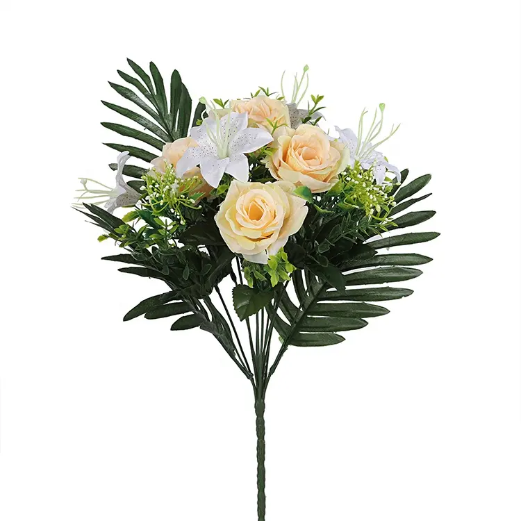 Flor artificial de rosa de seda colorida, nova chegada com grandes folhas verdes para arranjo funeral