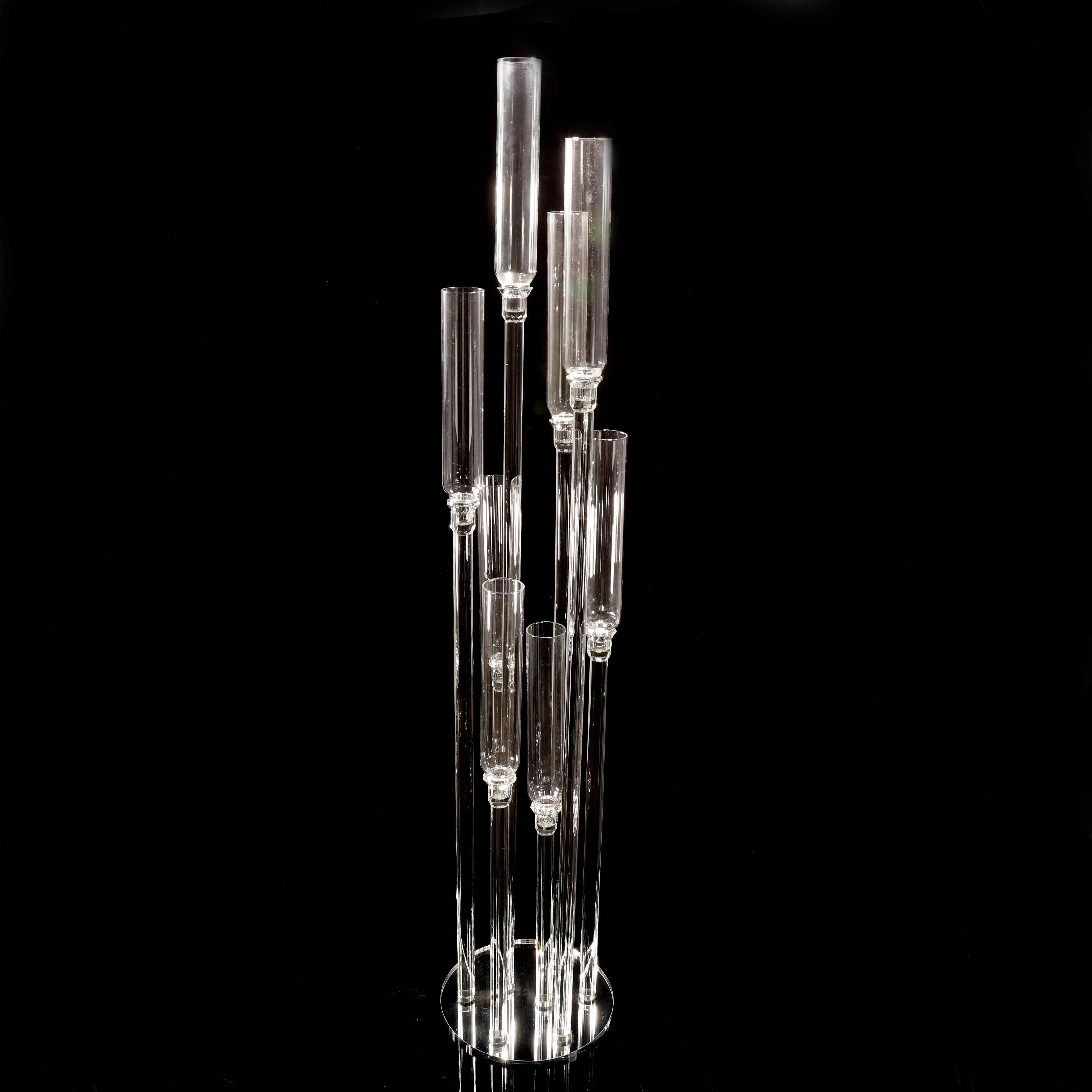 Mh-zt301 candeliere cilindrico in vetro a 8 colonne candelabro in cristallo da tavolo da matrimonio in tubo di cristallo