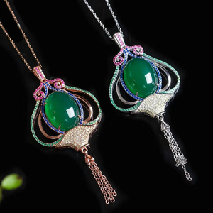 卸売クラシックジルコン925スターリングシルバージュエリー天然宝石グリーン翡翠カルセドニーペンダントネックレス