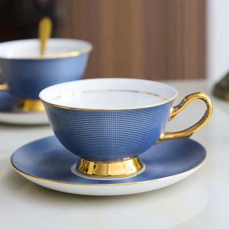 Porcelain tea cup and saucer set custom logo blue ceramic coffee cups with dish