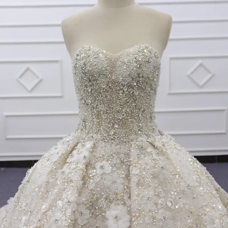 Eslieb LWY002 real photo nuovo stile champagne perline di cristallo cappella treno 3d fiore del merletto dell'abito di sfera abito da sposa