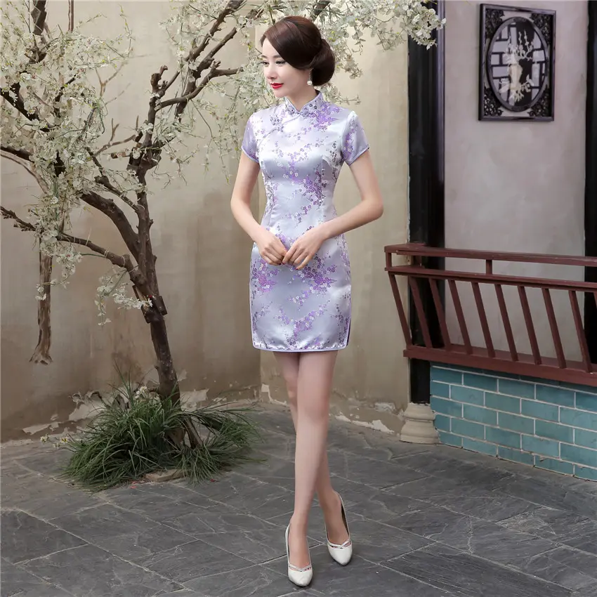 Vestido chino tradicional de satén para mujer, vestido de boda corto y sexi con flores, Cheongsam