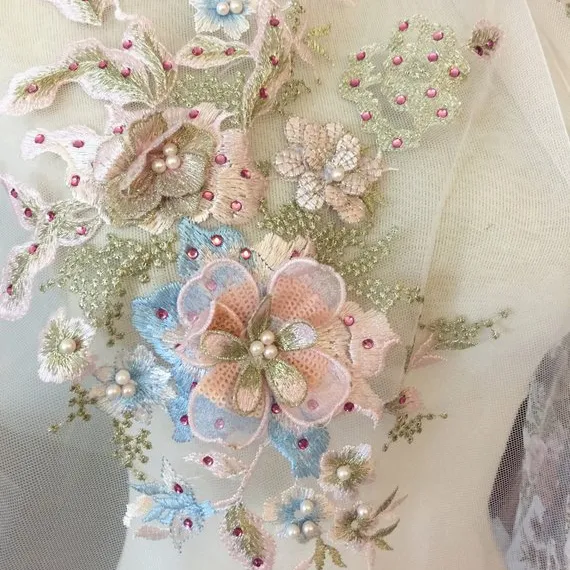 Tela bordada con perlas 3d, encaje de flores bordadas, apliques de encaje con cuentas para baile lírico, Ballet, vestidos de costura