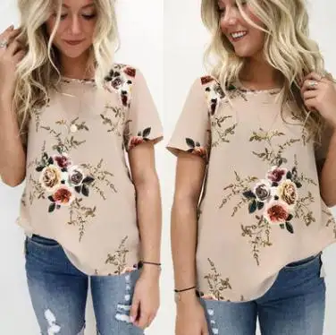 עיצוב חדש ליידי חולצות חולצה המערבי הדפסת פרחי קיץ שרוול קצר חולצה האופנה ילדה