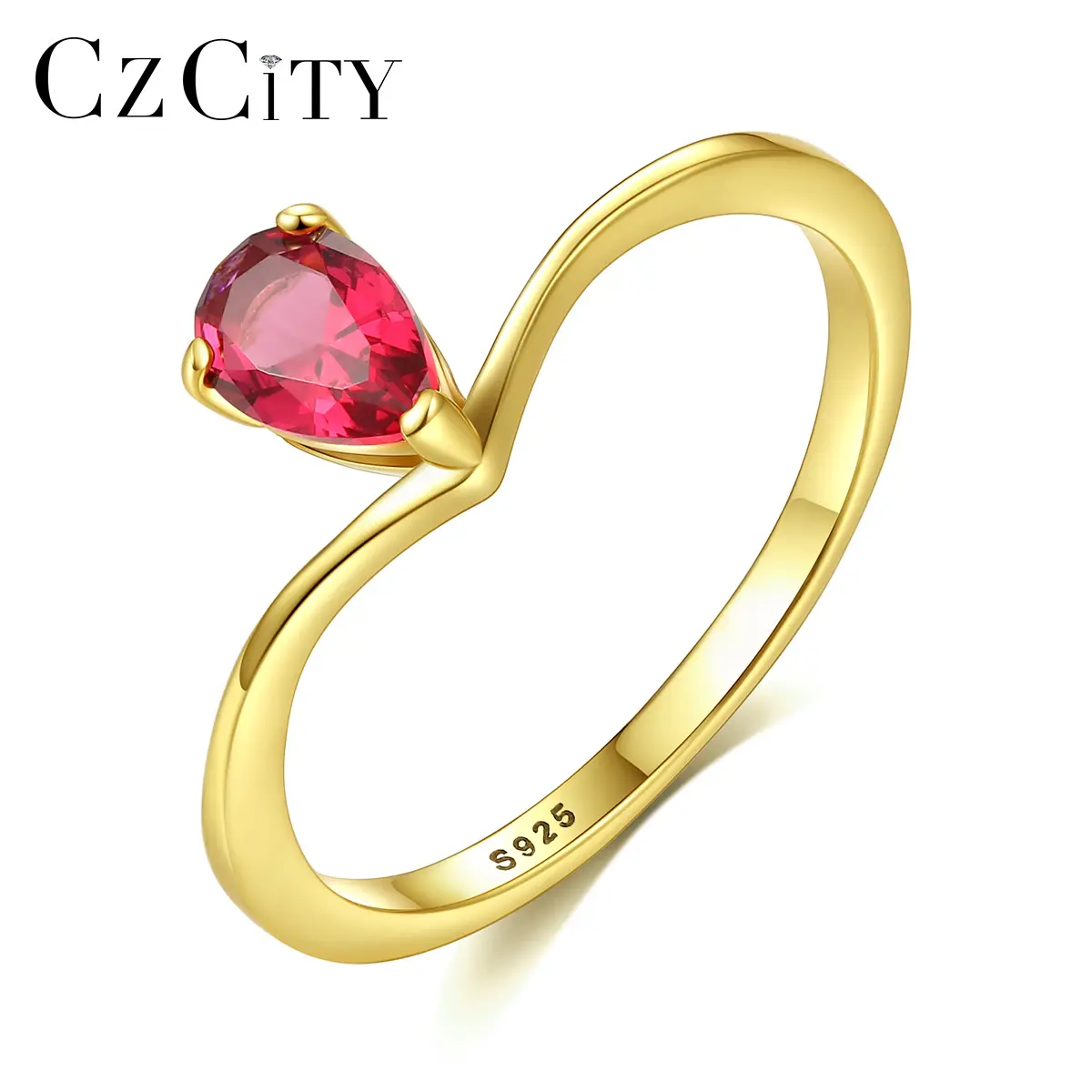 CZCITY Little Girl S925 argento a forma di goccia delicata gemma lacrima goccia moda per donna anello rubino rosso