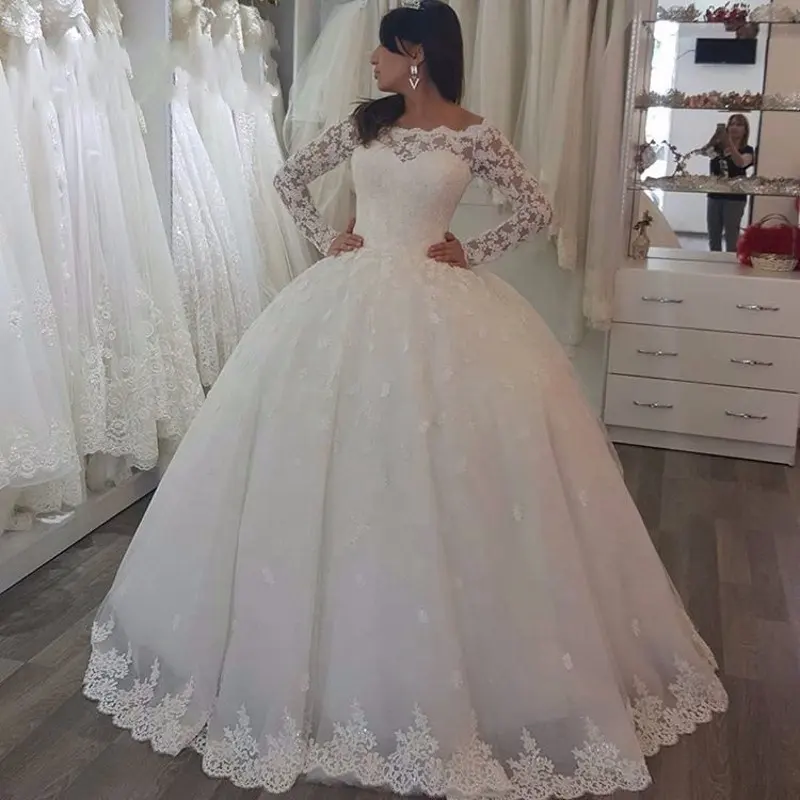 पश्चिमी विंटेज गेंद लंबी आस्तीन सस्ते शादी की पोशाक चीन में बनाया