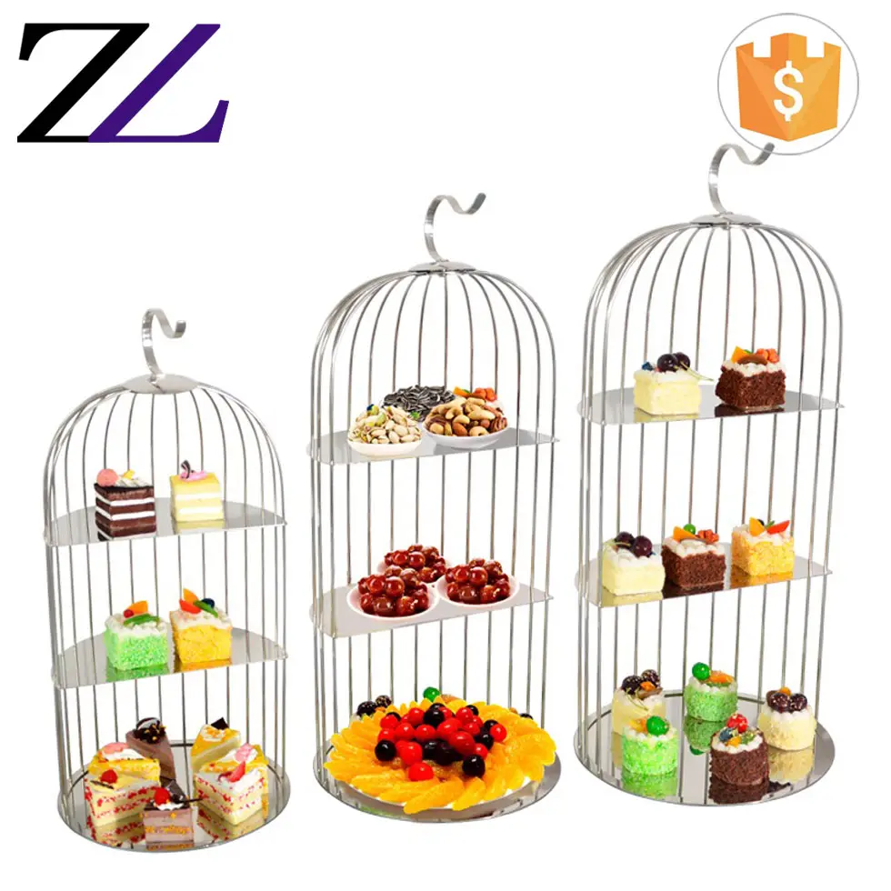 Equipo de decoración para eventos Buffet, jaula de pájaro de 3 niveles, soportes de pastel de boda de plata/jaula de pájaro, soporte para cupcakes