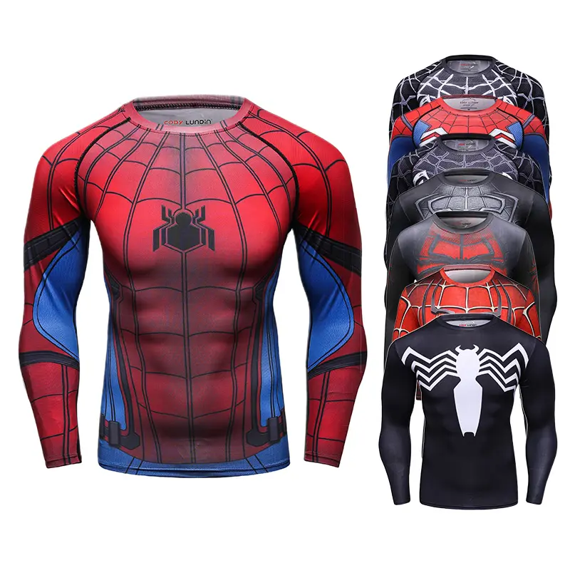 Camisetas de compresión de superhéroes para hombre, estampado por sublimación, Spiderman Rash Guard, venta al por mayor