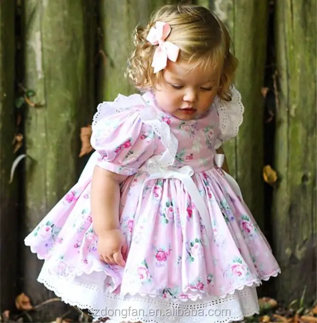 Gaun kasual renda untuk perempuan kecil musim panas kustom gaun katun organik 100% kasual lucu renda percakapan merah muda anak perempuan