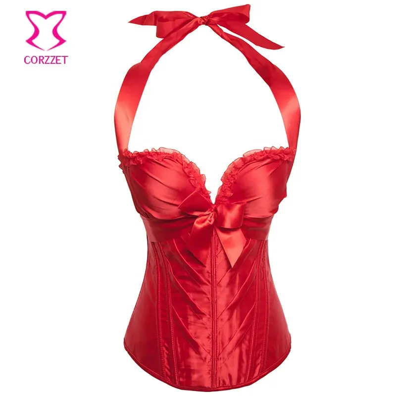 Corzzet fita lateral de zíper, corpete para mulheres, bordado, sexy, vermelho, topo frontal, laço de cetim