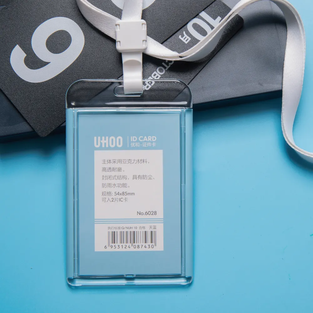 UHOO moda alta transparente impermeável vertical acrílico id card holder plástico escritório trabalho crachá titular