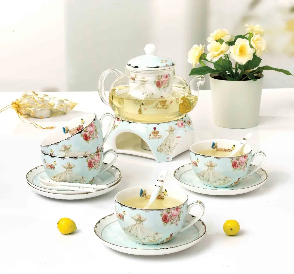 Hot vender new bone china tea set com projeto da flor bule com aquecedor