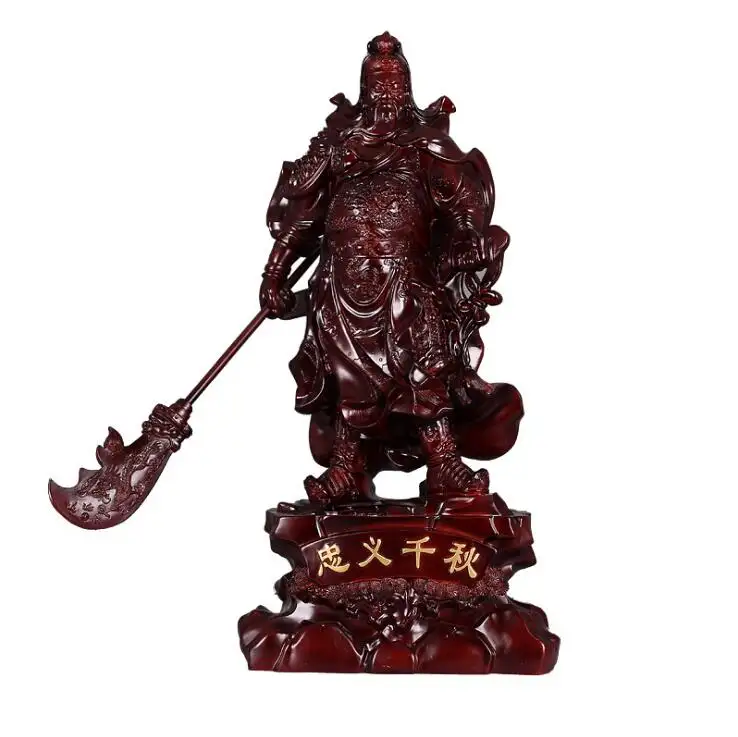 Houten kleur Staande Kuan Kong Standbeeld Guan Yu Fengshui Hars kwan Gong Holding Guan Dao