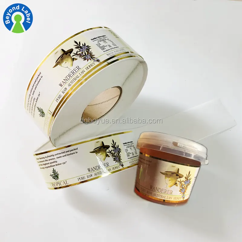 Rollo de impresión de pegatinas de vinilo en relieve dorado, botella de plástico autoadhesiva transparente, etiquetas de miel