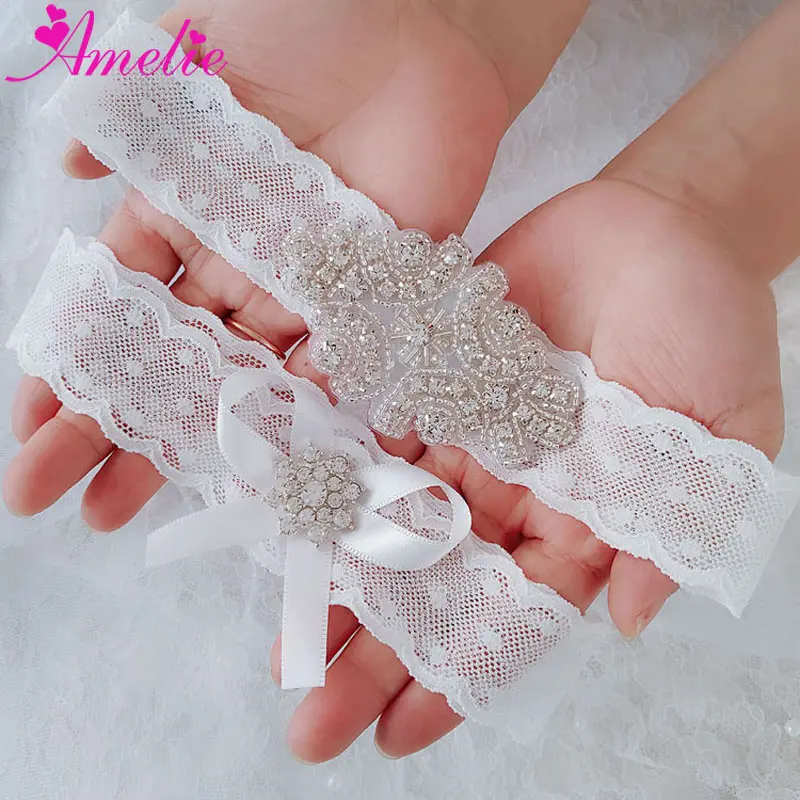 Mariage Mariée Jarretière Strass À La Main avec Dentelle Filles Charme Sexy Jarretière Accessoires Noeud Blanc