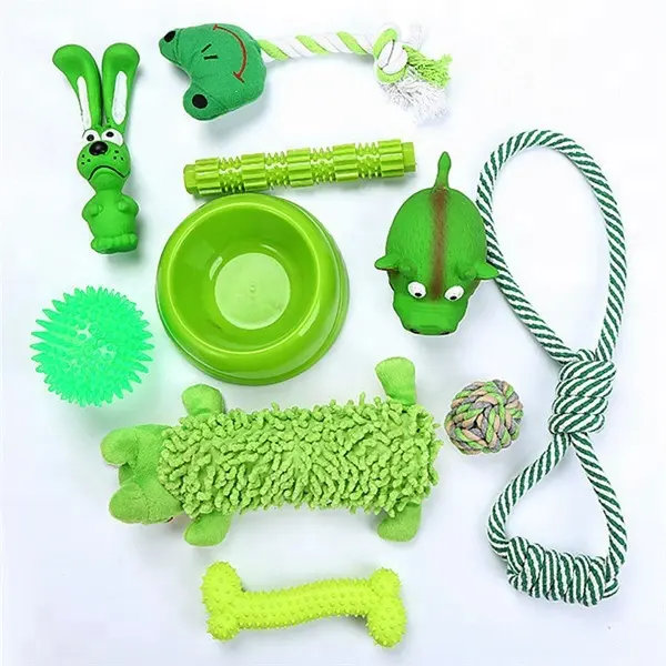 Nuevo paquete de 10 verde para mascotas perro de juguete regalo libre de interactiva dentición algodón cuerda de goma de vinilo Squeaky perro de juguete