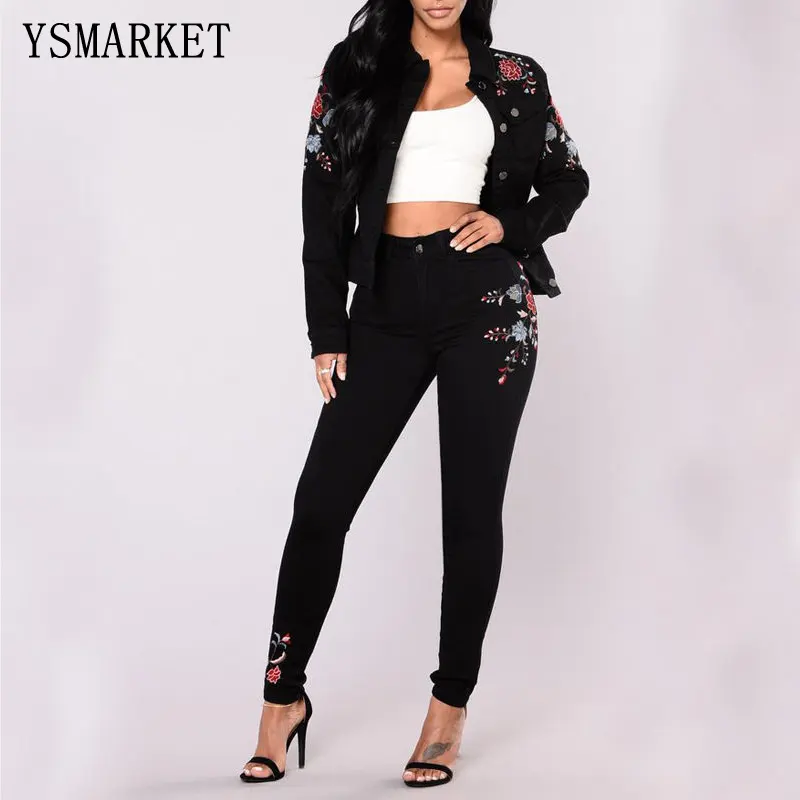 YSMARKET S-3XL di Stirata Dei Jeans Ricamati Per Le Donne del Fiore Elastico Dei Jeans Femminili Dei Pantaloni Della Matita Del Denim Più Il Formato E8048