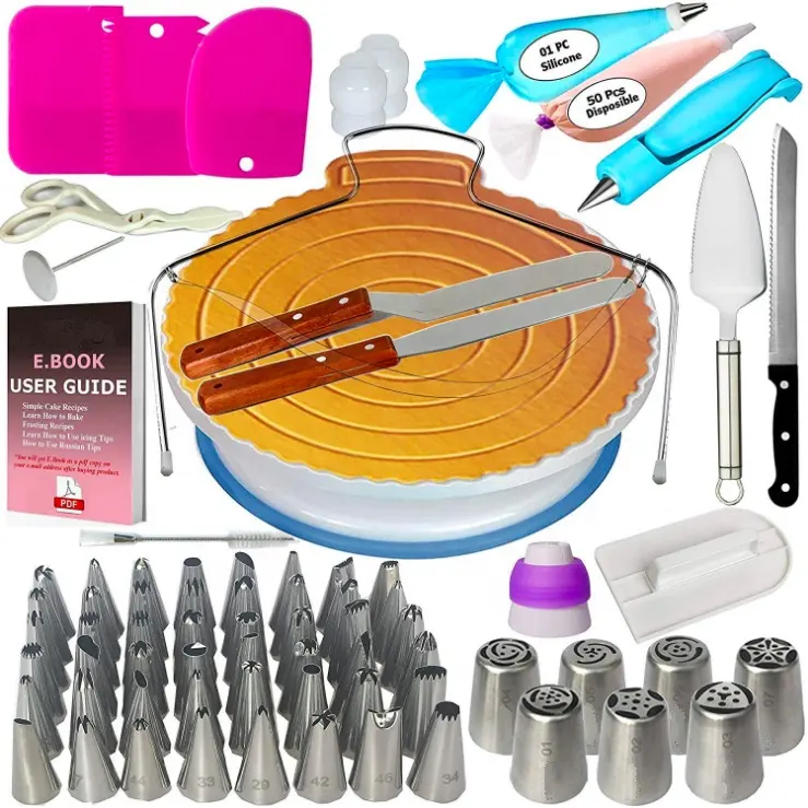 Best Seller 124 PCS Cake Decorating Tools Baking Supplies Fondant Tool Kit Piping Icing Tips Supplies Stand Set Accessory