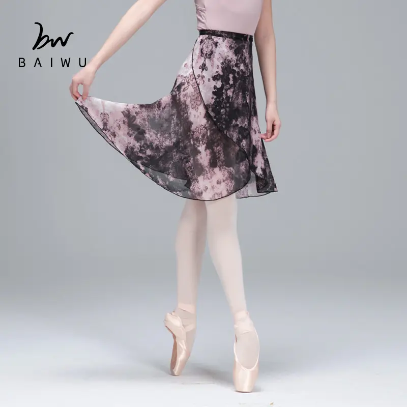 Saia longa de balé com estampa floral baiwu, saia de dança de chiffon com estampa da moda, 118145001