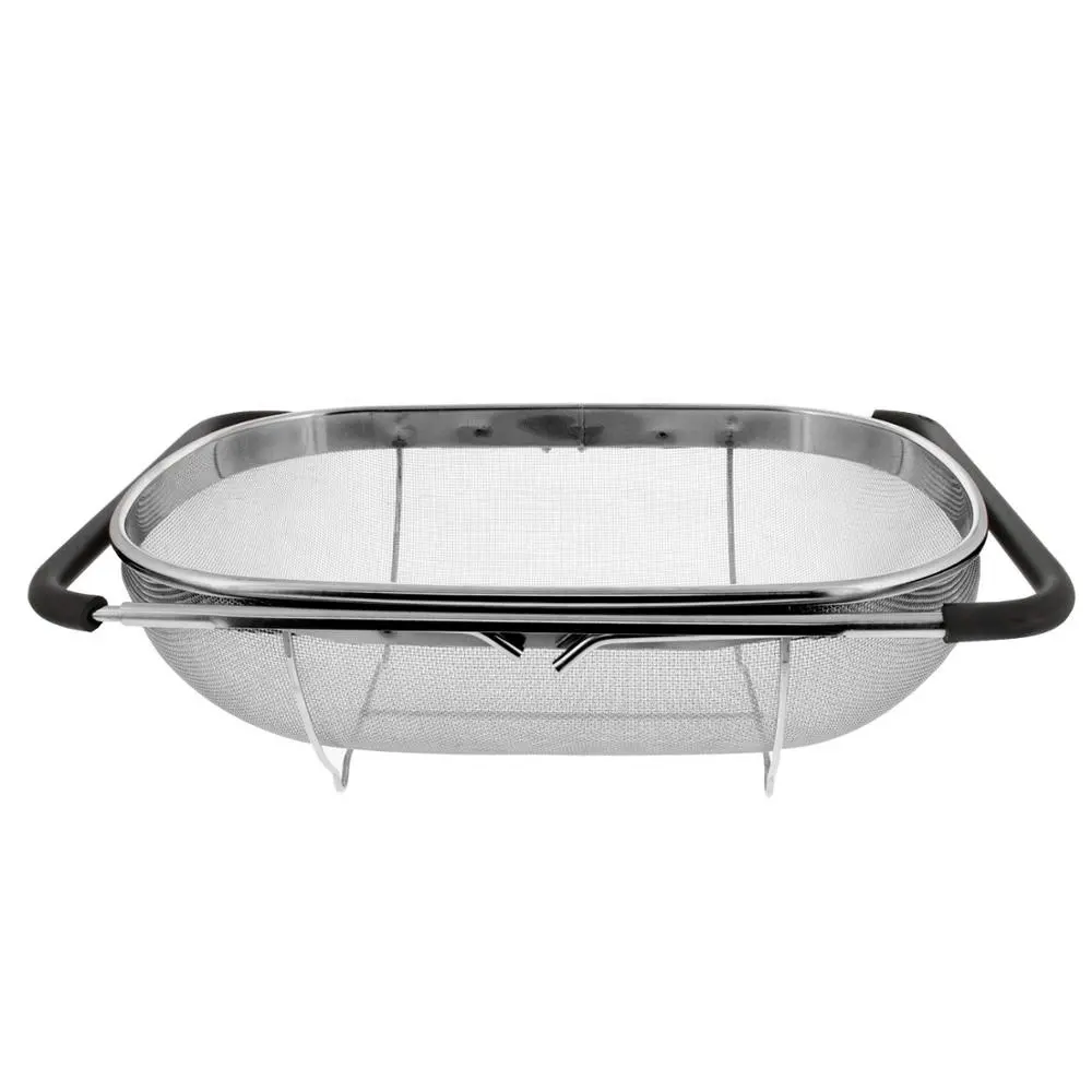 Cesta de acero inoxidable para colador de frutas y verduras, Asa de goma ajustable sobre el fregadero, malla fina