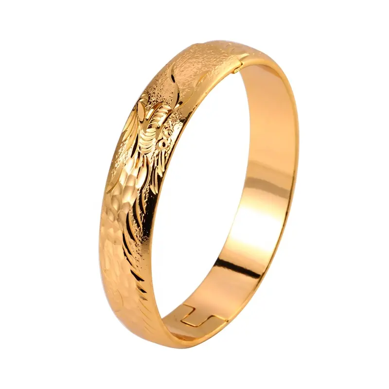 Braccialetto di matrimonio personalizzato gioielli di moda in ottone 22k placcato oro rame intagliato phoenix bracciale rigido classico spesso per le donne