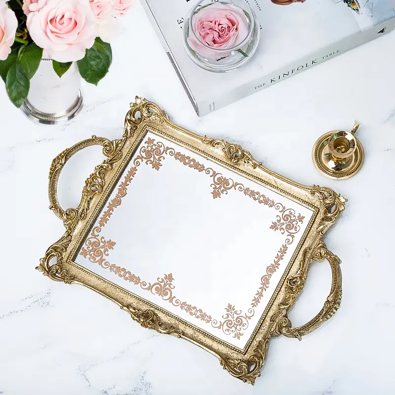 luxury gold resin serving mirror tray with handles vanity decorative jewelry cosmetic tray wedding cup cake stand centerpiece