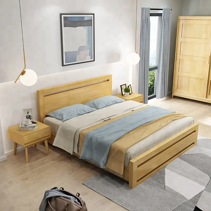 Новейшая Современная рама из массива дерева, комплект мебели для спальни, дизайн двухспальной кровати