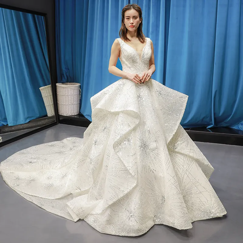 Jancember RSM66756 di lusso con scollo a v abito da sposa per le ragazze del merletto del tessuto della signora abito da sposa pietre di cristallo