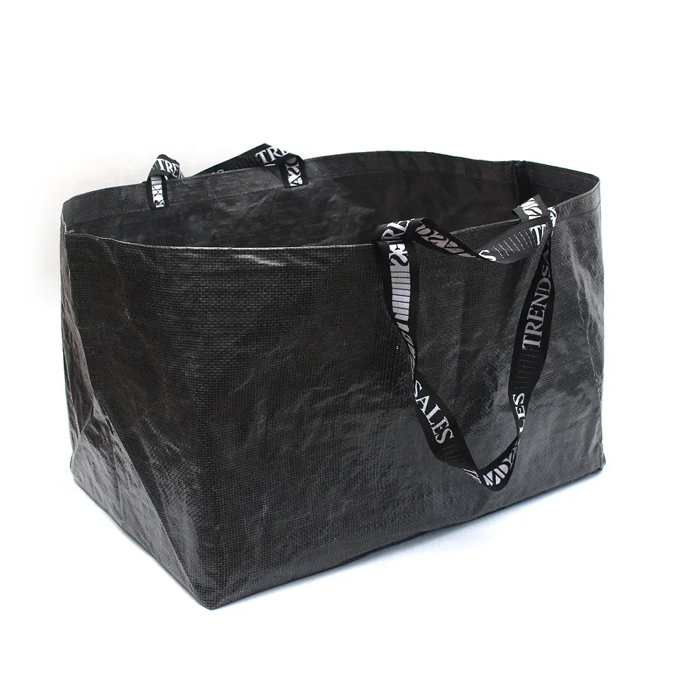 Черная очень большая ламинированная тканая сумка-тоут с вышитыми логотипом на заказ