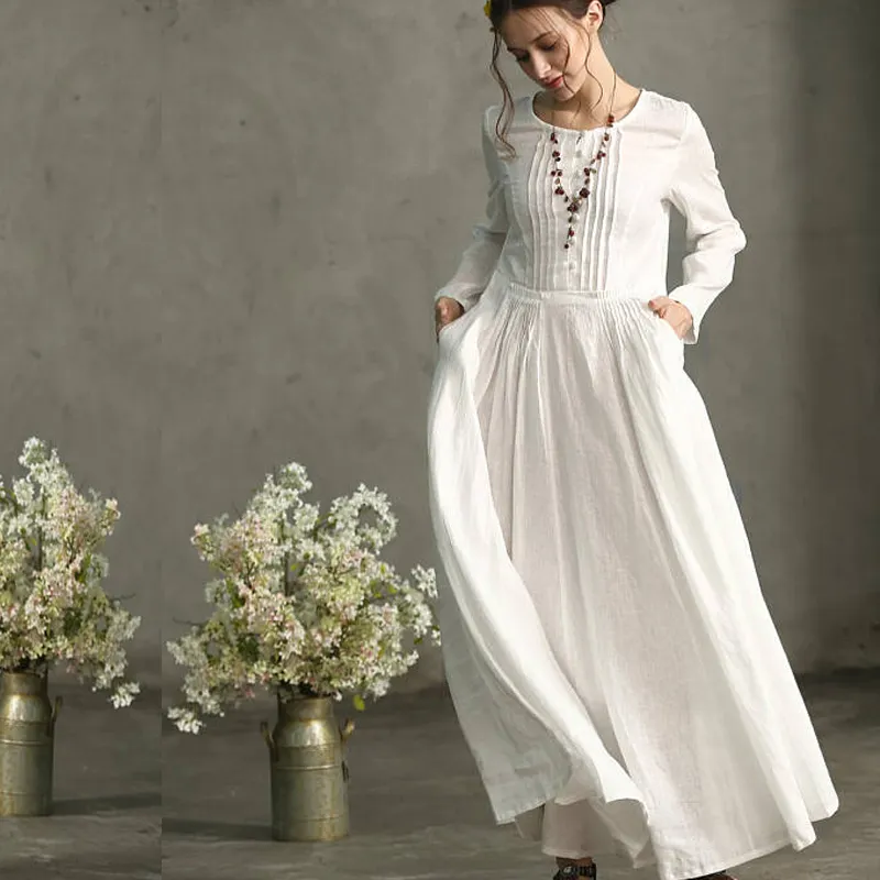 Lancai Gaun Linen Panjang Wanita, Pakaian Boho Putih Lengan Panjang Elegan Musim Panas Musim Gugur 2018