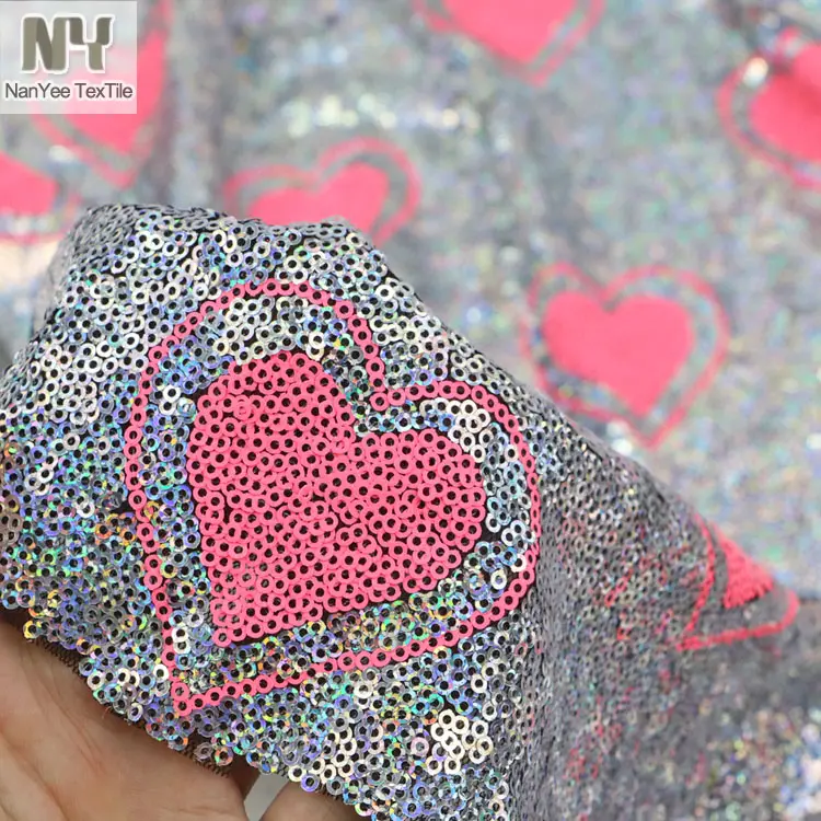 Nanyee textil de alta densidad holograma rojo corazón de lentejuelas de tela
