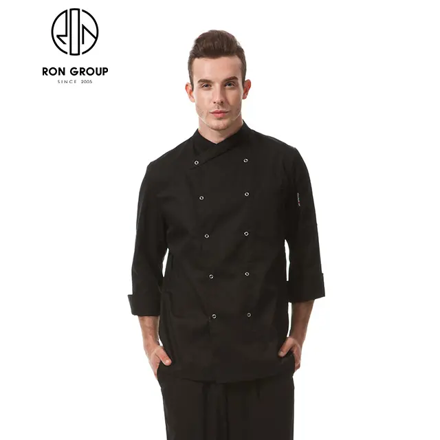 Vendita calda Logo personalizzato Hotel Bar banchetto ristorante francese cucina cuoco uniforme De Chef giacca nera a maniche lunghe cappotto uniforme da cuoco